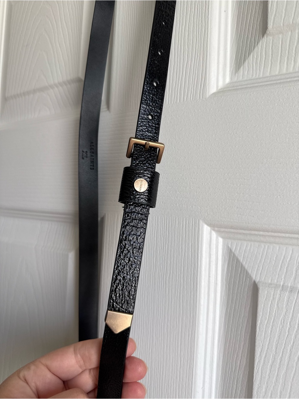 NWOT AllSaints Black Textured Leather Belt with Gold Buckle & Metal Tip